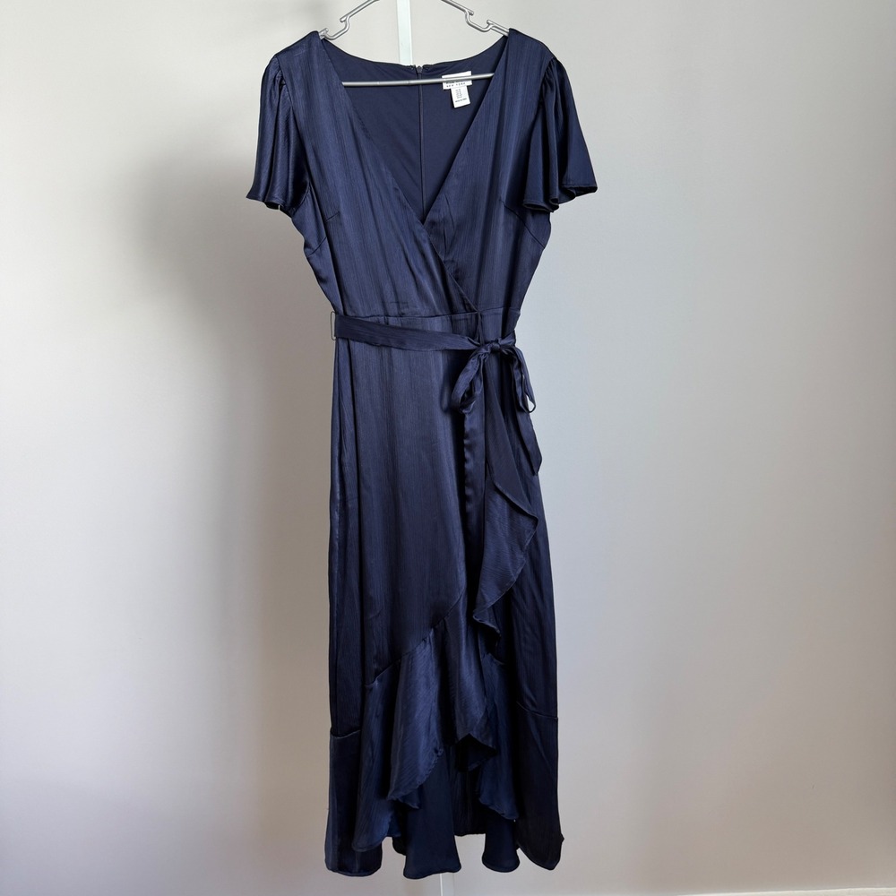 Classic Navy Midi Wrap Dress with Tie Waist